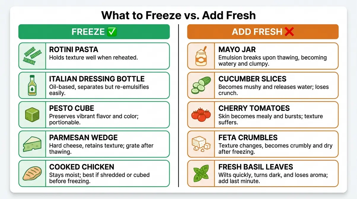 Can You Freeze Pasta Salad? 5-Step Method That Works 5 Pasta salad freeze or toss ingredient matrix showing which vegetables and dressings to freeze versus add fresh