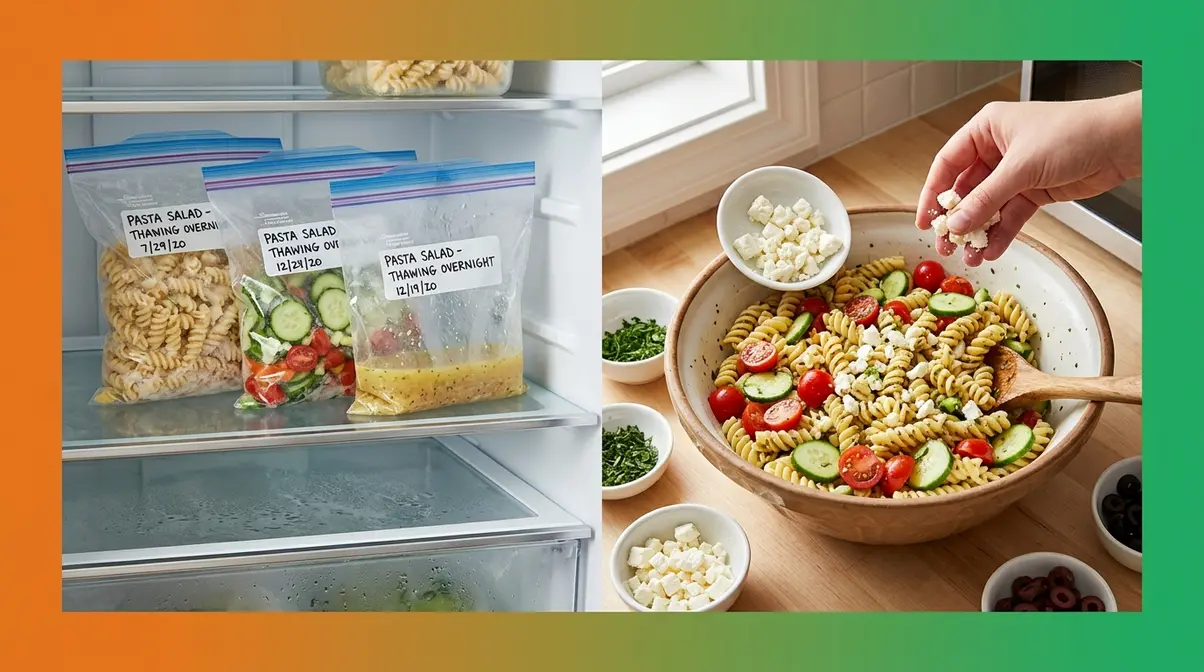 Can You Freeze Pasta Salad? 5-Step Method That Works 4 Frozen pasta salad components thawing in the refrigerator overnight before being reassembled with fresh vegetables