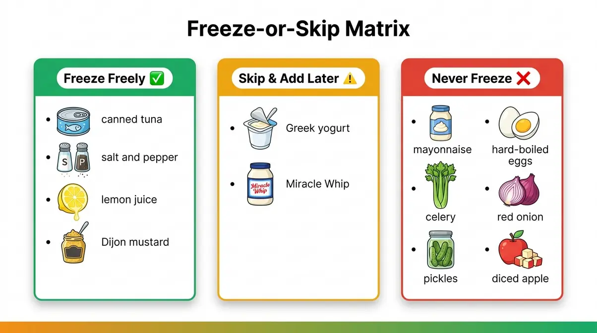 Can You Freeze Tuna Salad? Step-By-Step Guide 4 Freeze tuna salad ingredient matrix showing green freeze freely yellow skip red never freeze zones