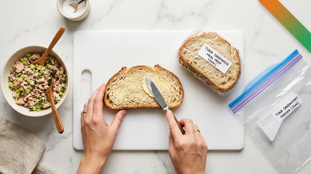 Can You Freeze Tuna Salad? Step-By-Step Guide 9 Assembling a freezer-friendly tuna sandwich with butter moisture barrier and mayo-free tuna base