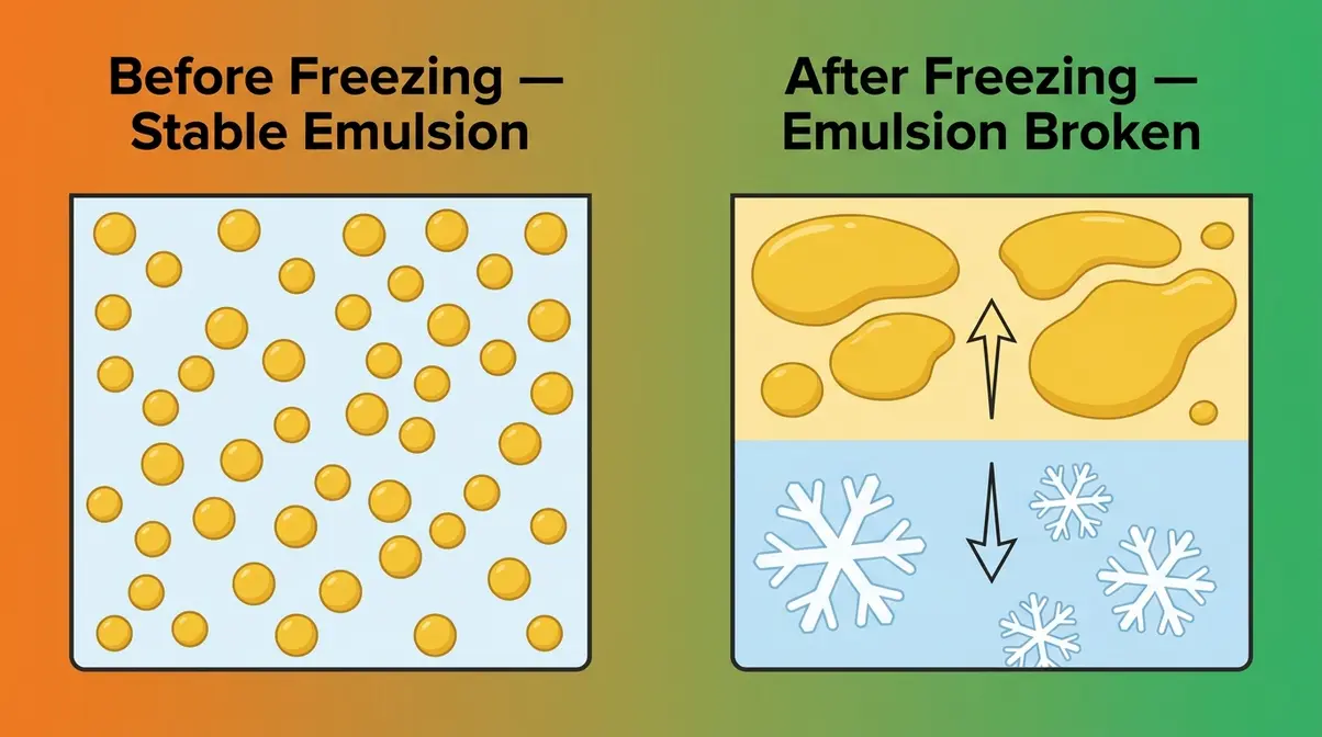 Can You Freeze Tuna Salad? Step-By-Step Guide 2 Mayo emulsion breakdown diagram showing stable oil droplets before freezing versus separated layers after freezing