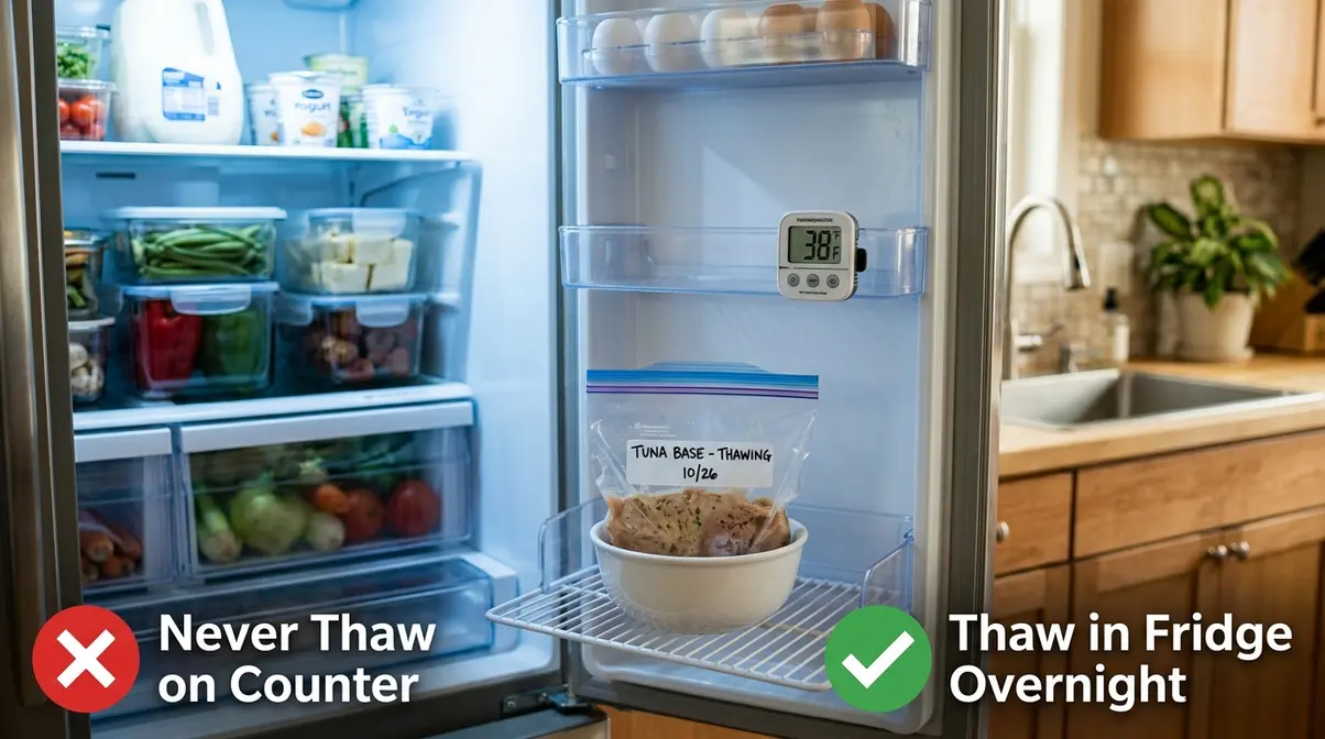 Can You Freeze Tuna Salad? Step-By-Step Guide 7 Tuna salad base thawing safely in refrigerator overnight with thermometer showing 38 degrees Fahrenheit
