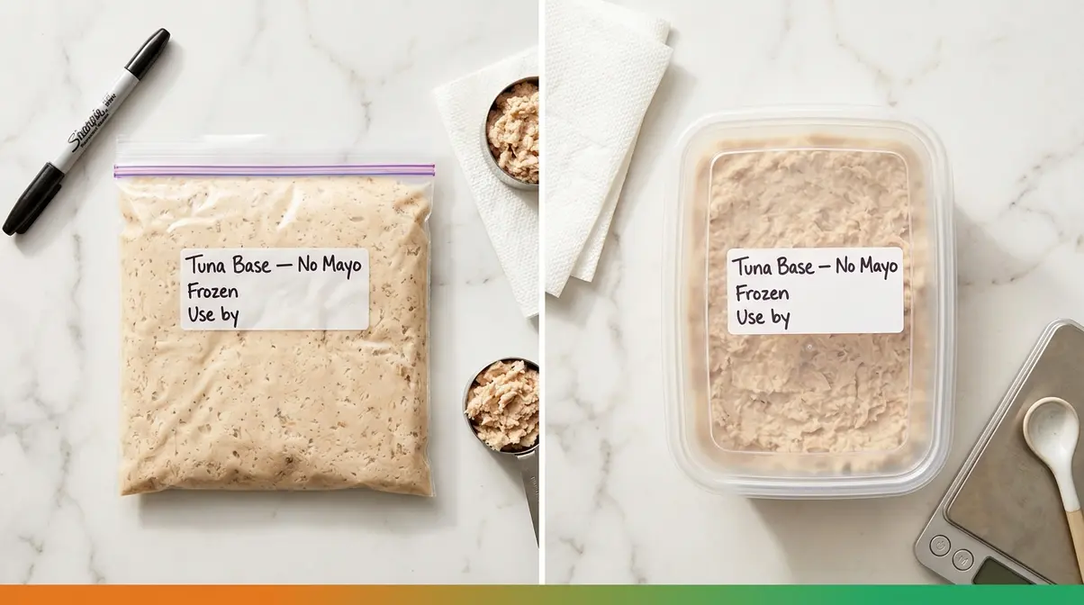 Can You Freeze Tuna Salad? Step-By-Step Guide 5 Packing tuna base for freezing in flat freezer bag and labeled rigid container side by side