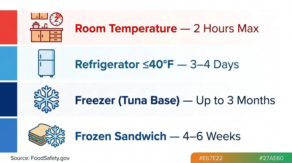Can You Freeze Tuna Salad? Step-By-Step Guide 8 Tuna salad storage duration guide showing safe times for room temperature fridge and freezer storage