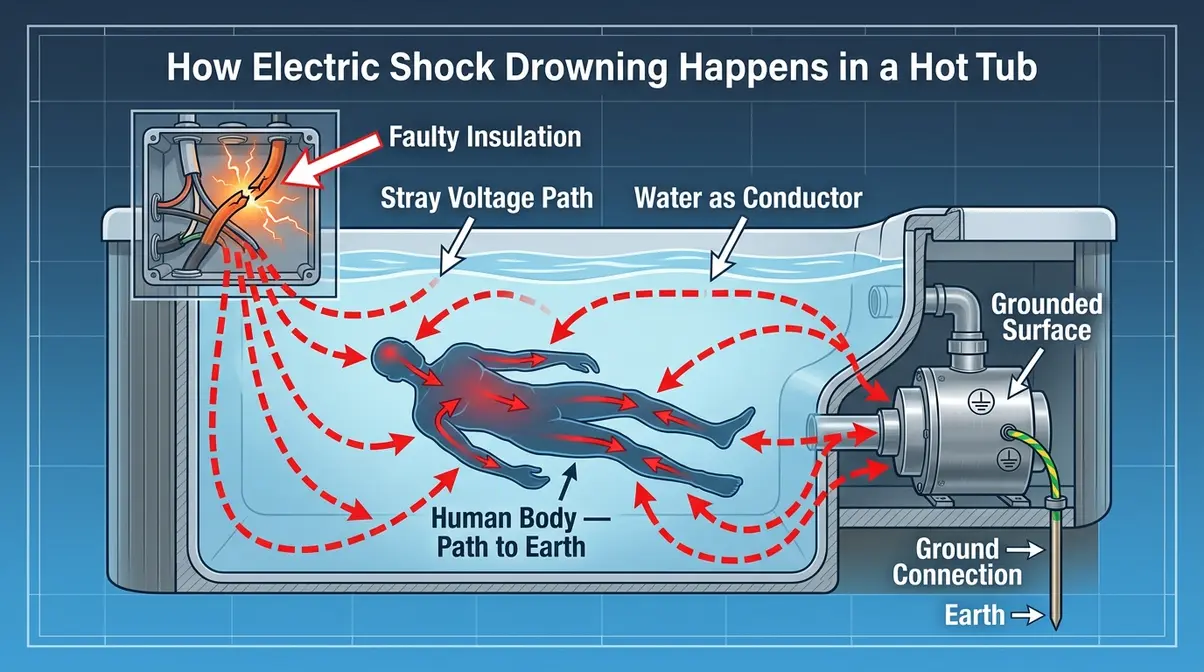 Can You Get Electrocuted in a Hot Tub? Safety Guide 7 Hot tub electrocution safety diagram showing electric shock drowning mechanism and stray current path