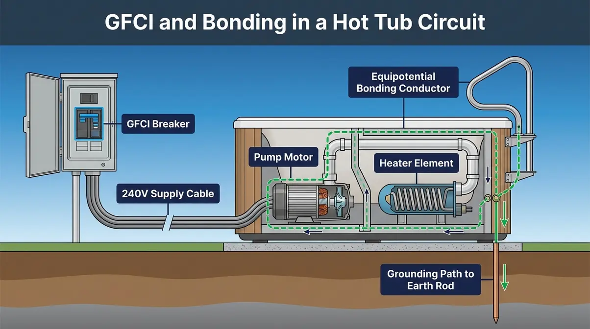 Can You Get Electrocuted in a Hot Tub? Safety Guide 6 Hot tub electrical safety GFCI anatomy diagram showing bonding conductor and grounding path