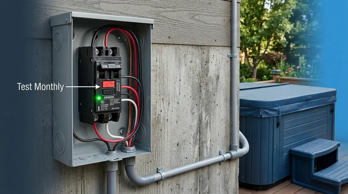 Can You Get Electrocuted in a Hot Tub? Safety Guide 3 GFCI breaker in weatherproof hot tub sub-panel showing test and reset buttons