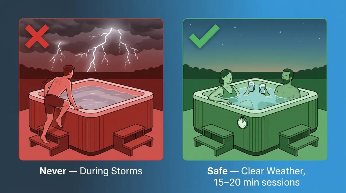 Can You Get Electrocuted in a Hot Tub? Safety Guide 1 Hot tub safe behaviour guide showing storm danger versus safe clear-weather soaking conditions
