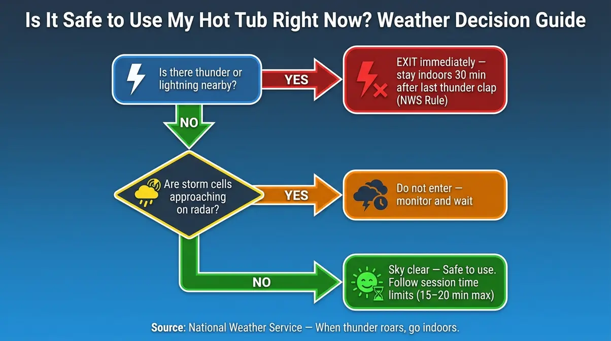 Can You Get Electrocuted in a Hot Tub? Safety Guide 9 Hot tub weather safety decision flowchart showing when to exit for lightning thunderstorm conditions