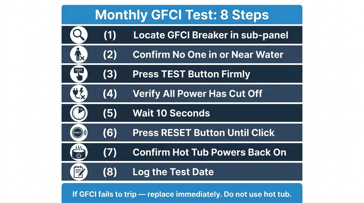Can You Get Electrocuted in a Hot Tub? Safety Guide 5 GFCI hot tub safety testing checklist showing 8 steps from locating breaker to logging the test date