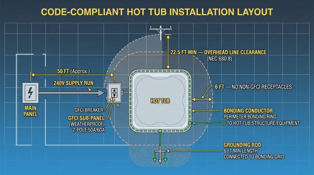 Can You Get Electrocuted in a Hot Tub? Safety Guide 10 Hot tub installation safety diagram showing NEC code-compliant electrical layout with GFCI and setback distances