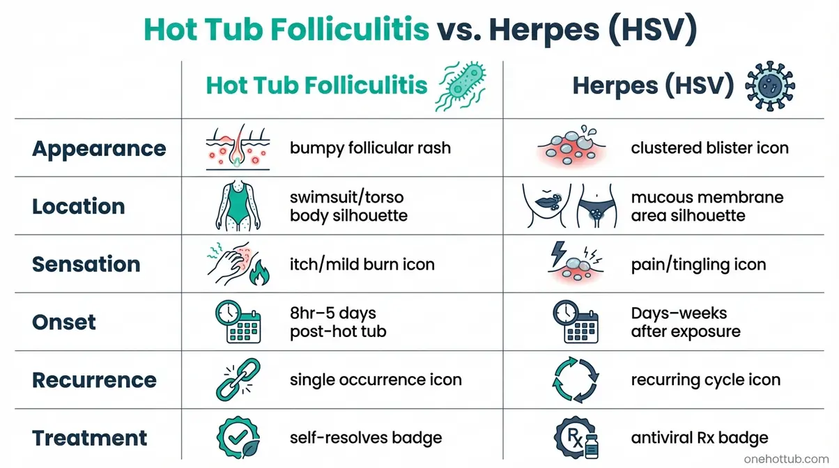 Can You Get Herpes From a Hot Tub? The Science Answer 3 Infographic comparing hot tub folliculitis symptoms versus herpes symptoms across six key differentiating features including location and onset
