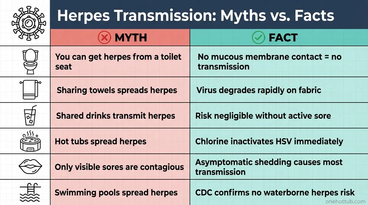 Can You Get Herpes From a Hot Tub? The Science Answer 5 Herpes transmission myths versus facts infographic covering six misconceptions about indirect routes including toilet seats towels and hot tubs