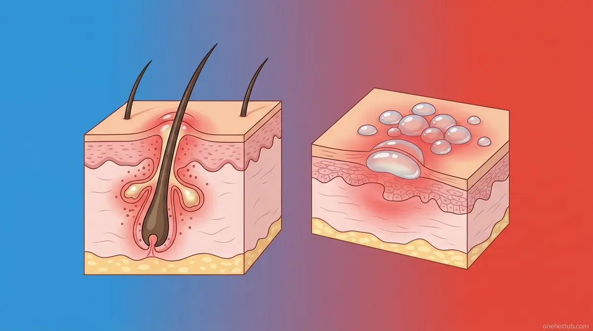 Medical illustration comparing hot tub folliculitis bacterial rash with herpes viral blisters
