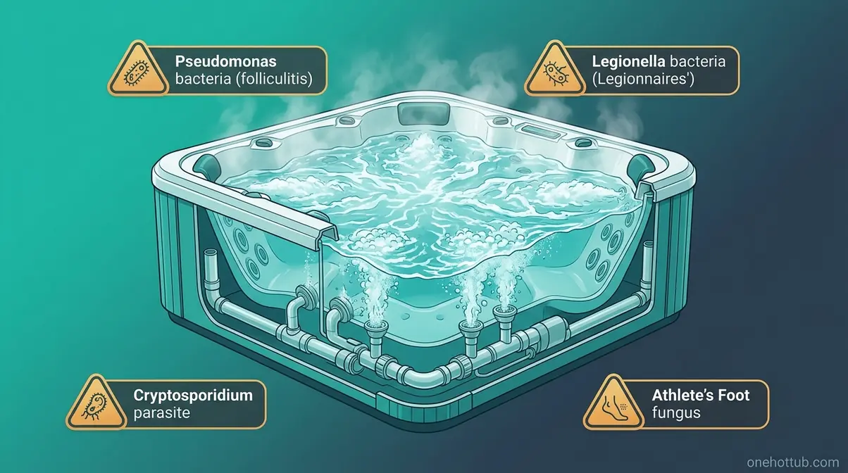 Can You Get Herpes From a Hot Tub? The Science Answer 2 Hot tub health risks illustration showing four real bacterial and fungal pathogens that thrive in poorly maintained spa water