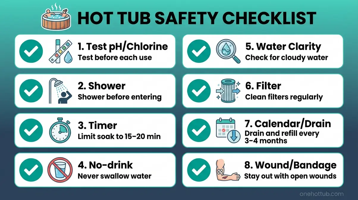Can You Get Herpes From a Hot Tub? The Science Answer 4 Hot tub safety checklist infographic showing eight preventive steps to reduce bacterial and pathogen risk in spa water