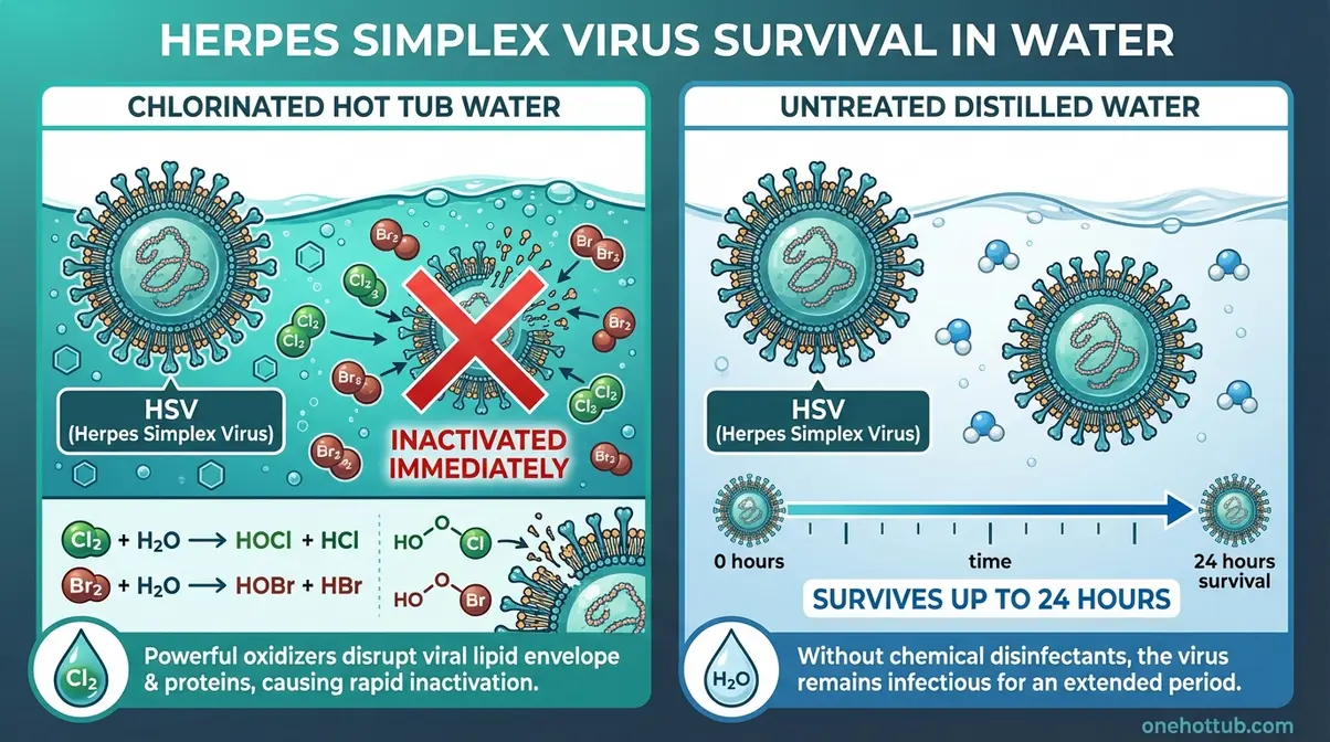 Can You Get Herpes From a Hot Tub? The Science Answer 1 Diagram showing herpes simplex virus immediately inactivated by chlorine and bromine in hot tub water, compared to survival in untreated water