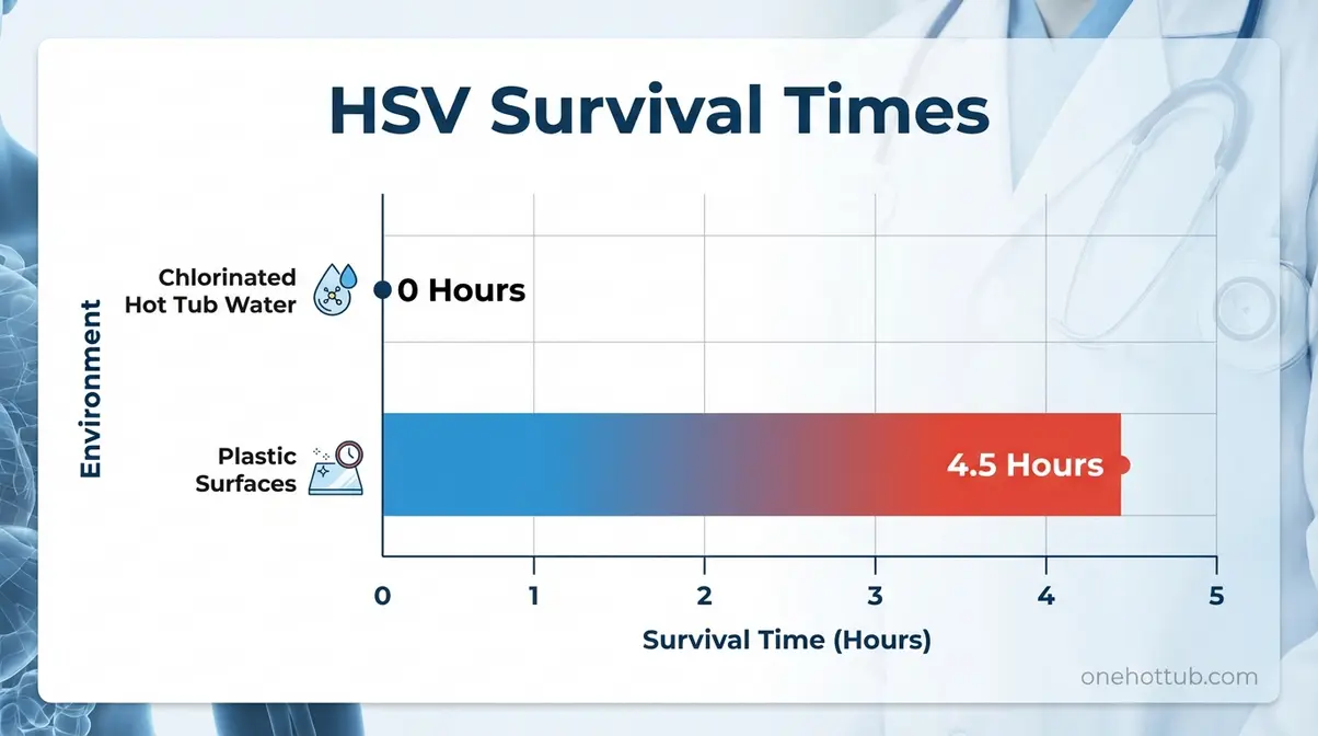 Herpes simplex virus survival time comparison chart showing zero survival in chlorinated hot tub water versus up to 4.5 hours on plastic surfaces