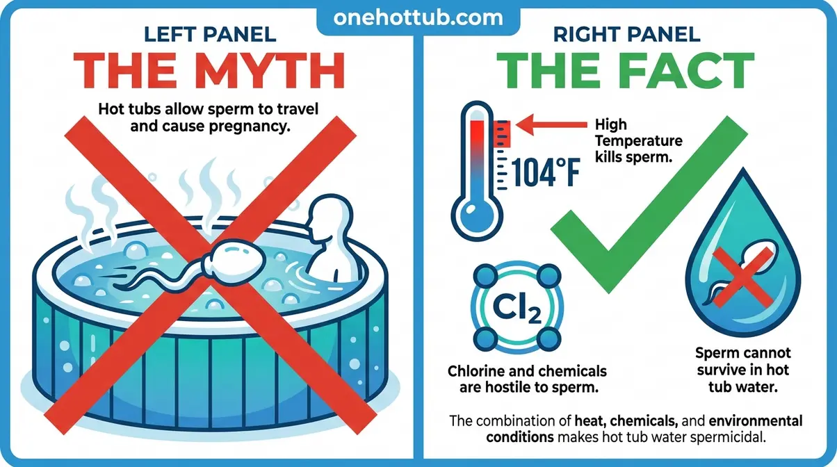 Hot tub pregnancy myth vs fact infographic showing why free-floating sperm cannot cause pregnancy