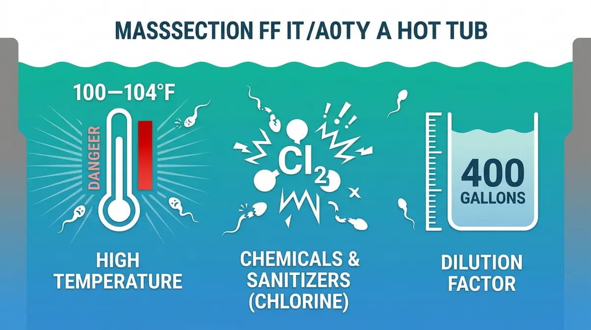 Medical illustration showing three reasons sperm cannot survive in hot tub water — heat, chlorine, and dilution