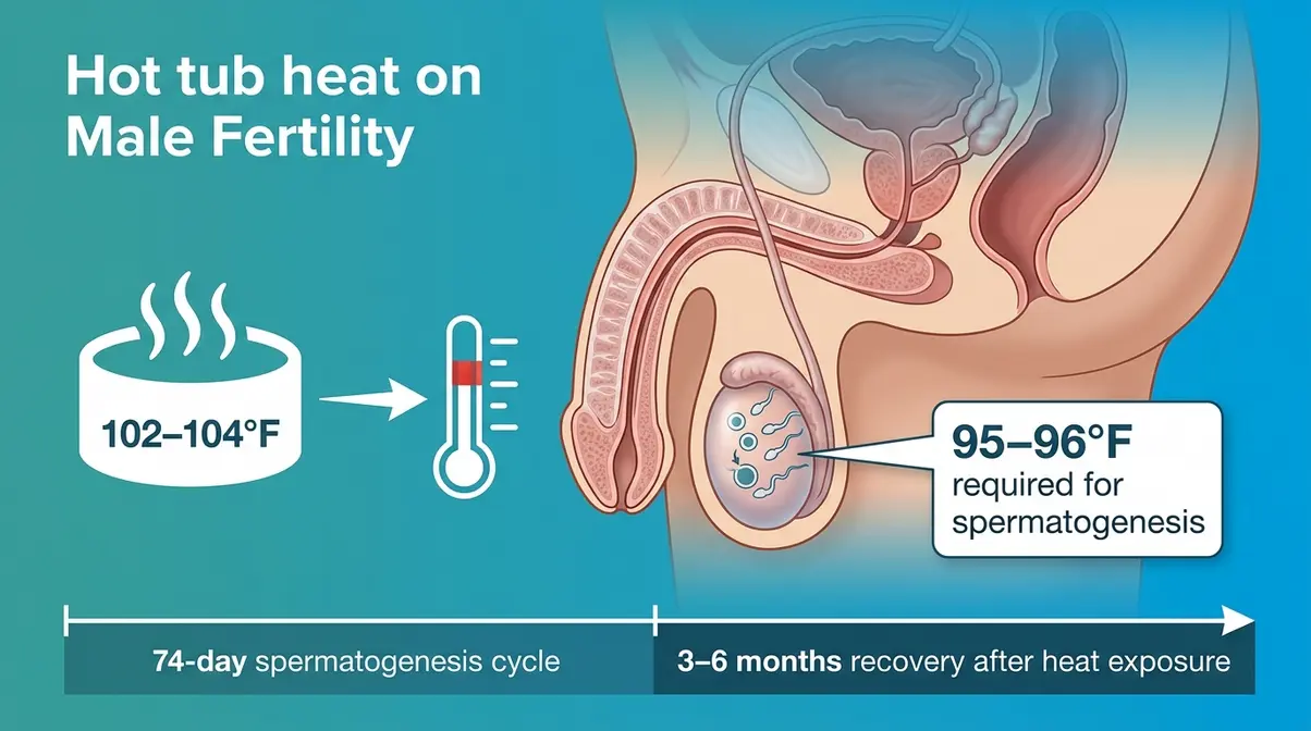 Diagram showing how hot tub heat raises scrotal temperature above the threshold needed for healthy sperm production