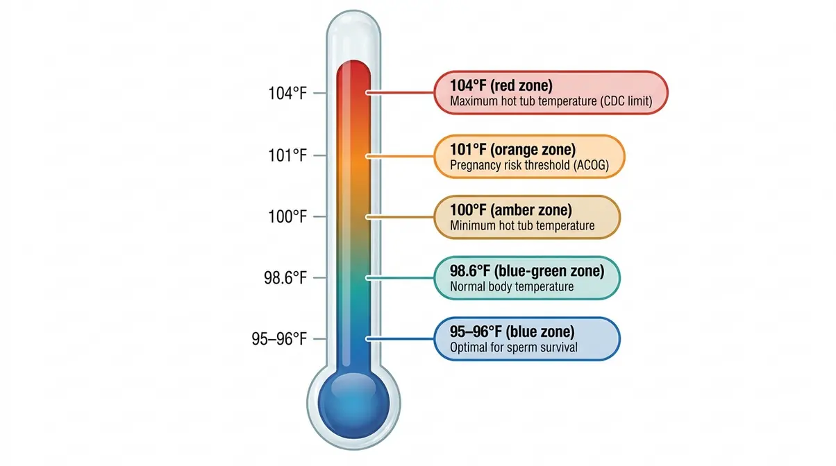 Temperature chart showing sperm survival threshold versus hot tub and pregnancy risk temperatures