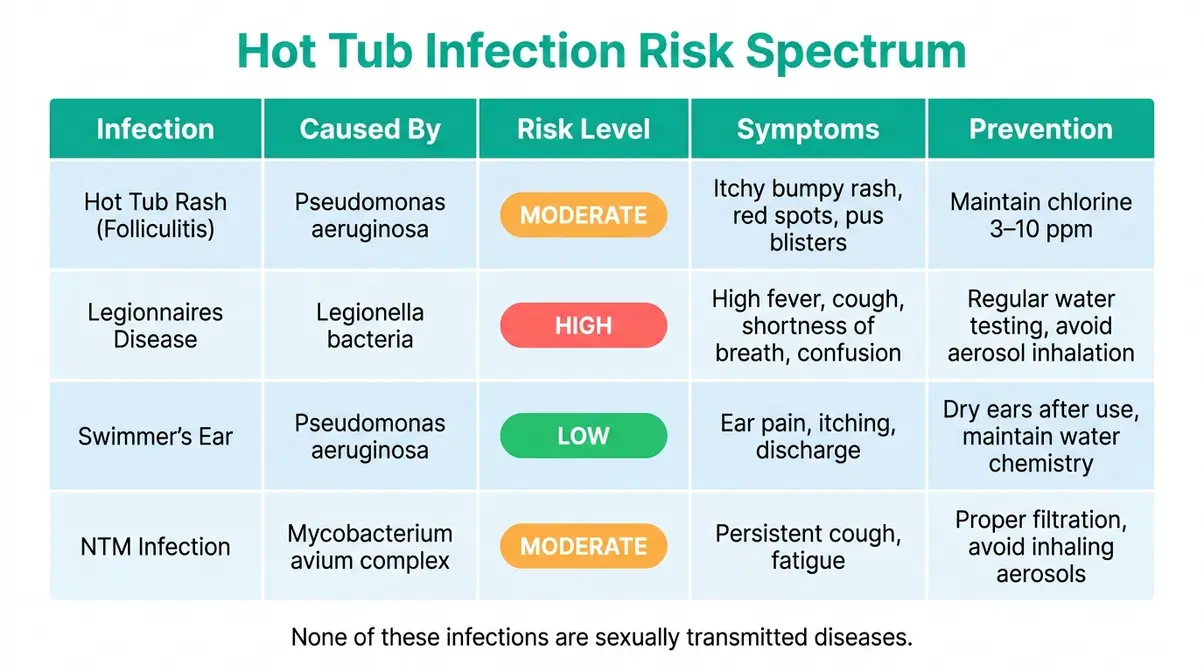 Comparison chart of real hot tub infections including hot tub rash folliculitis and Legionnaires disease with risk levels and symptoms