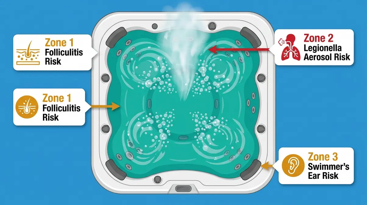 Illustration of real hot tub health risks including folliculitis and Legionnaires disease transmission zones