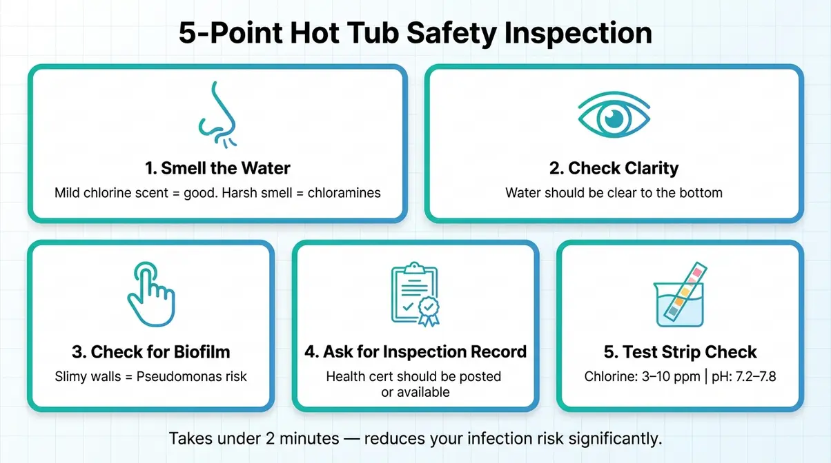 Illustrated hot tub safety checklist showing five visual and sensory inspection signs for a safe spa