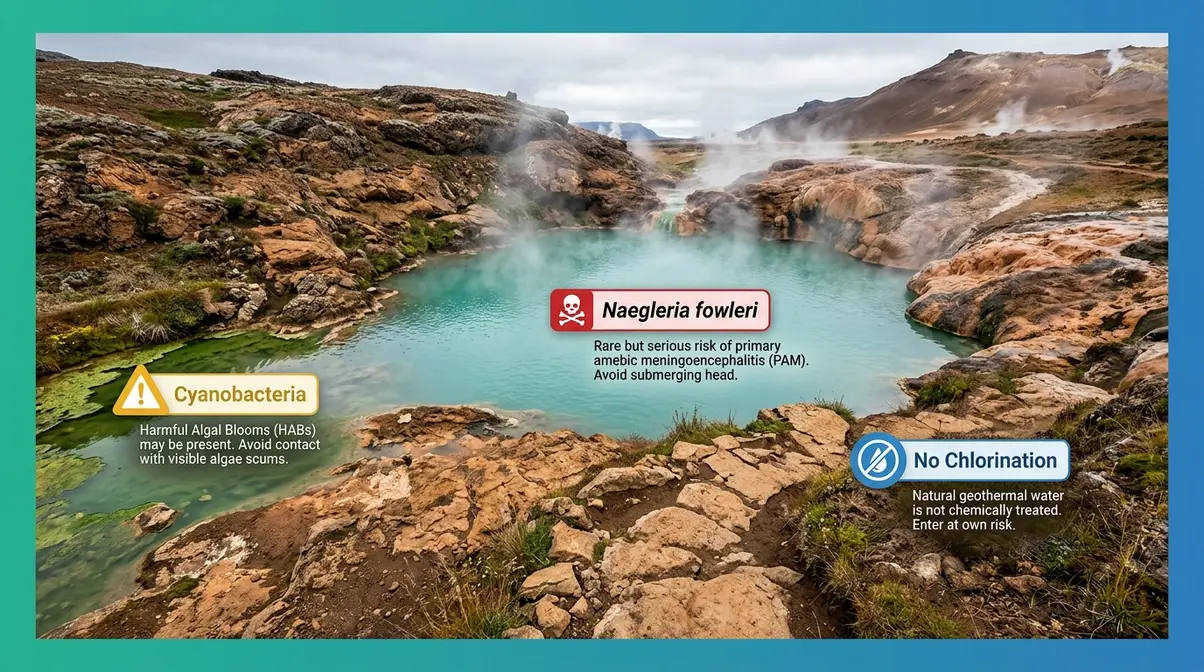 Can You Get STDs From a Hot Tub? The Science Explained 6 Natural hot spring with warning overlays highlighting Naegleria fowleri and cyanobacteria risks