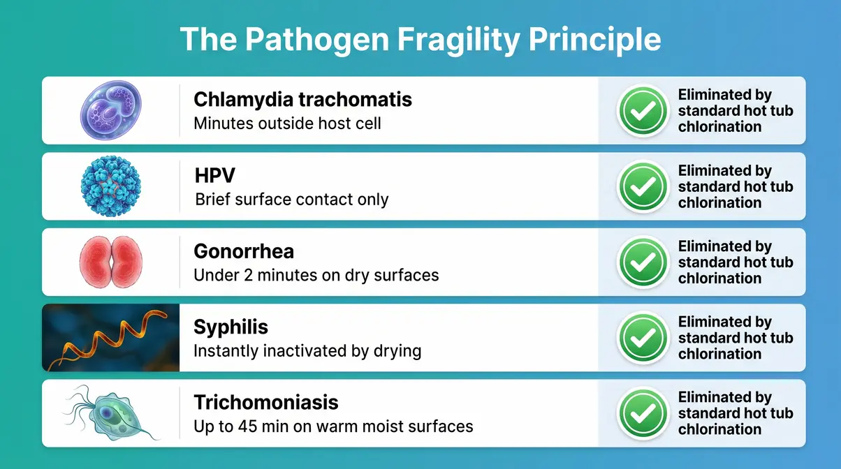 Can You Get STDs From a Hot Tub? The Science Explained 2 Infographic showing five STD pathogens and why they cannot survive in hot tub water