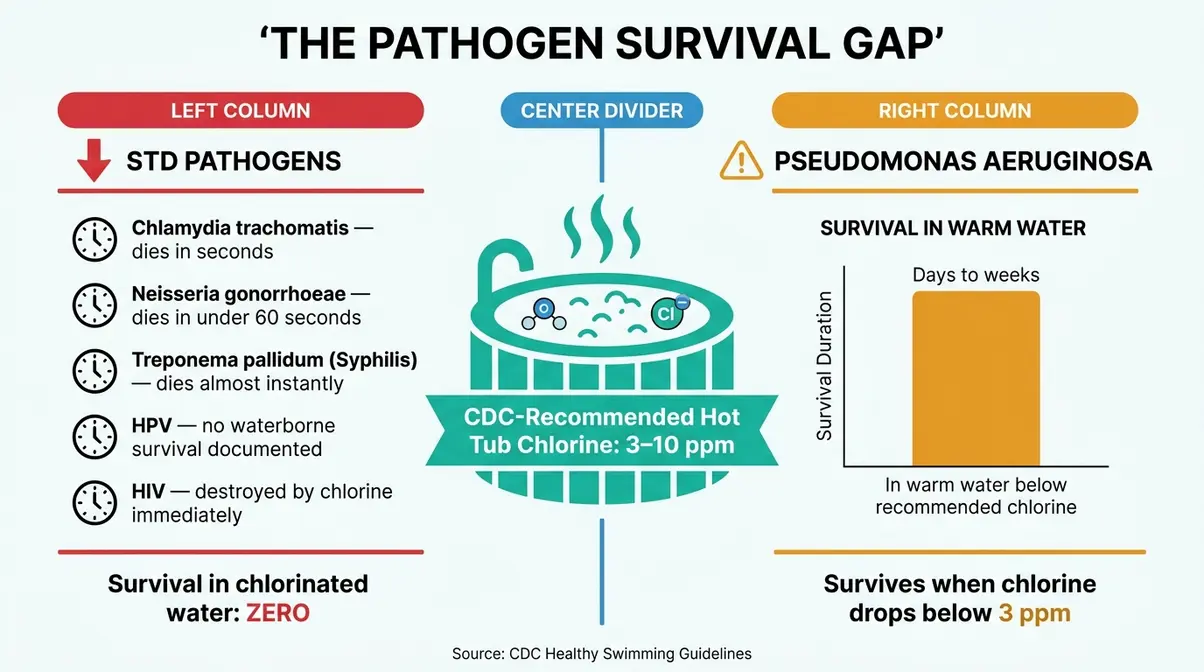 Infographic comparing STD pathogen survival time versus Pseudomonas aeruginosa in chlorinated hot tub water