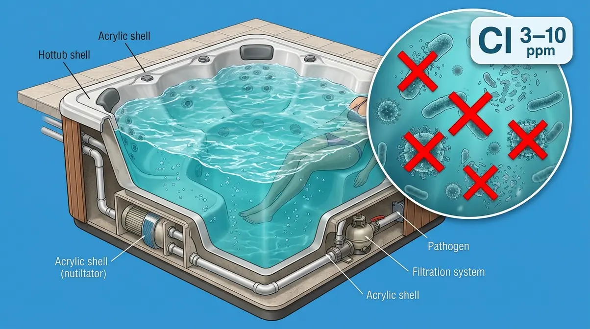 Scientific illustration showing STD pathogens dissolving in chlorinated hot tub water at CDC-recommended levels