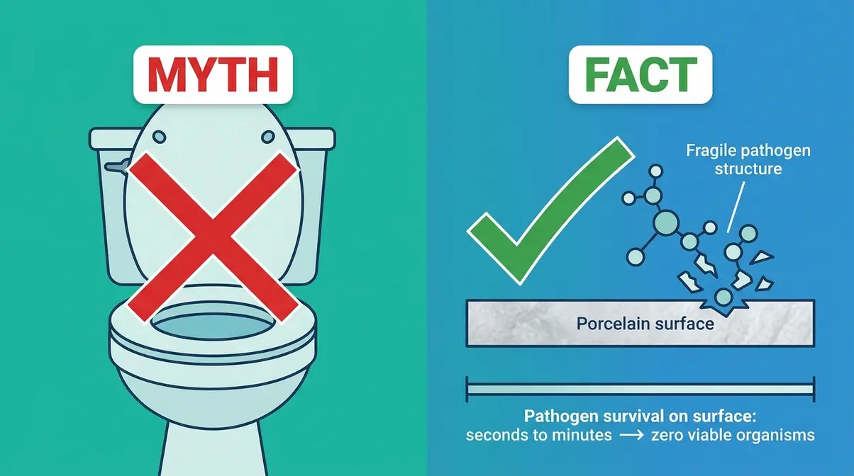 Myth-busting illustration showing STD pathogens cannot survive on toilet seat surfaces