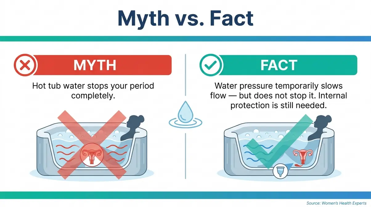 Myth vs fact infographic: hot tub water does not stop your period, internal protection is still needed