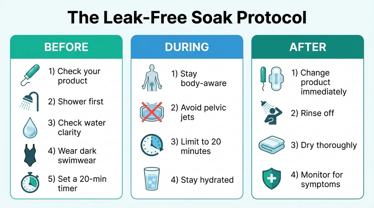 The Leak-Free Soak Protocol three-phase step-by-step infographic for hot tub use during your period