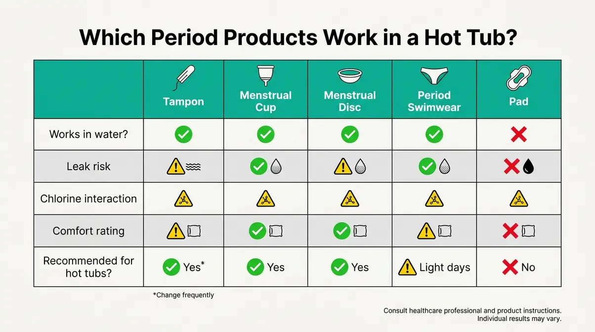 Menstrual product comparison chart for hot tub use showing tampon, cup, disc, swimwear, and pad safety ratings