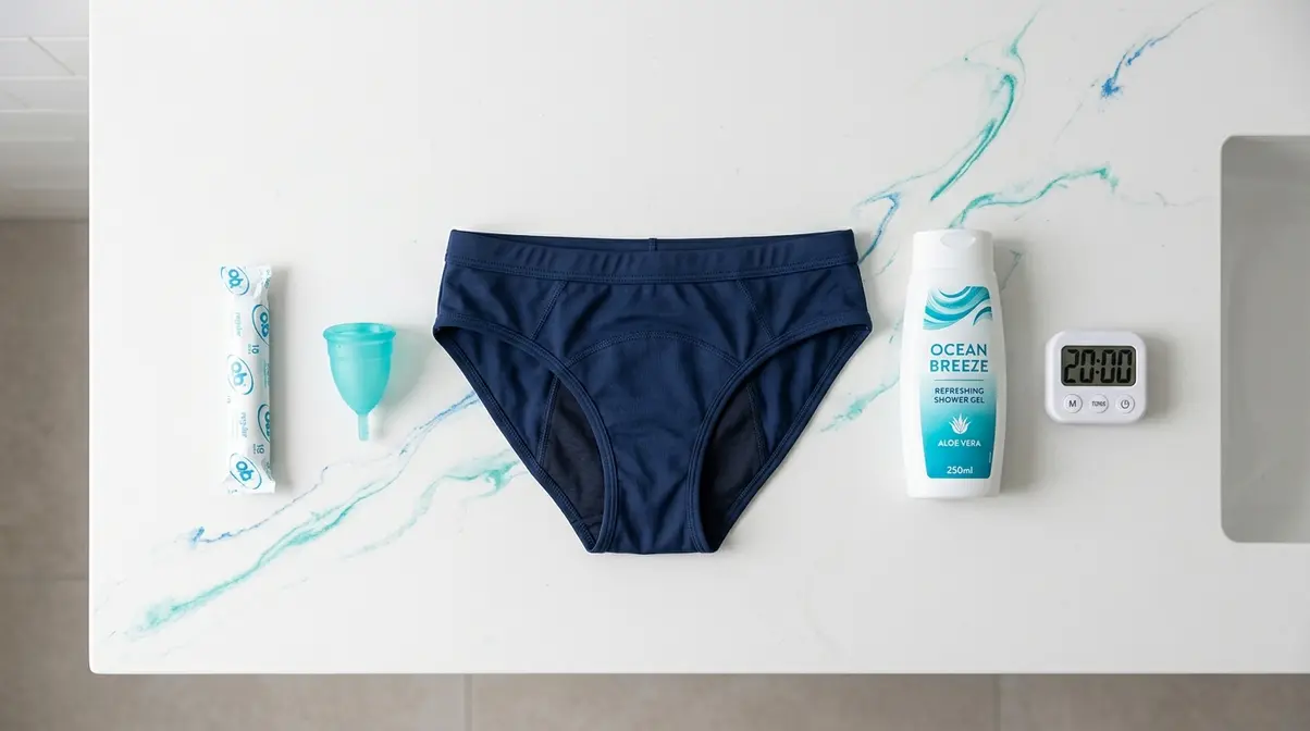 Period protection products laid out for hot tub preparation including tampon, menstrual cup, and period swimwear