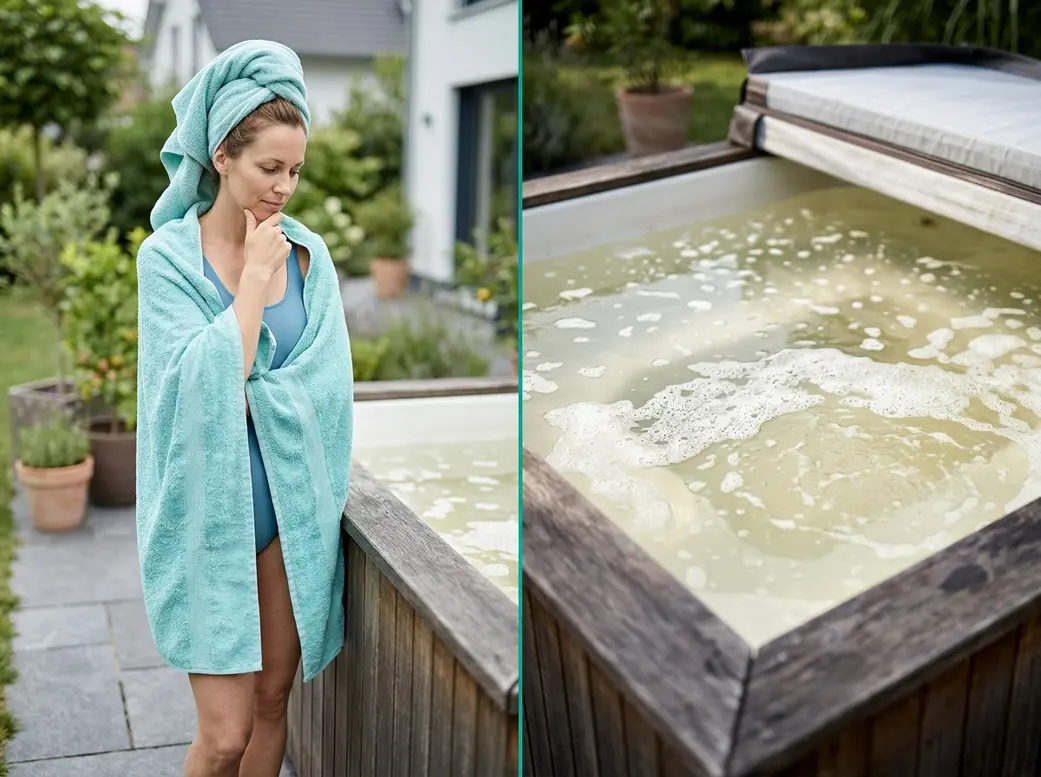 Woman deciding whether to skip hot tub during period showing warning signs of poor water quality
