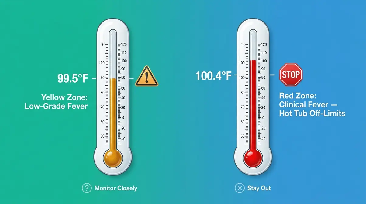 Can You Go in a Hot Tub with a Fever? Safety Guide 4 Side-by-side thermometer comparison showing 99.5°F yellow zone versus 100.4°F red zone fever thresholds for hot tub safety
