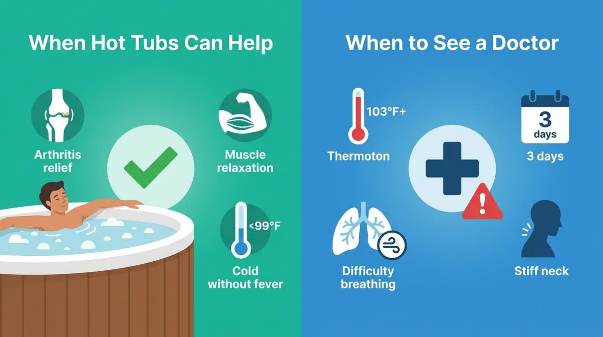 Can You Go in a Hot Tub with a Fever? Safety Guide 9 Split illustration showing when hot tubs provide therapeutic benefit versus when fever symptoms require a doctor visit