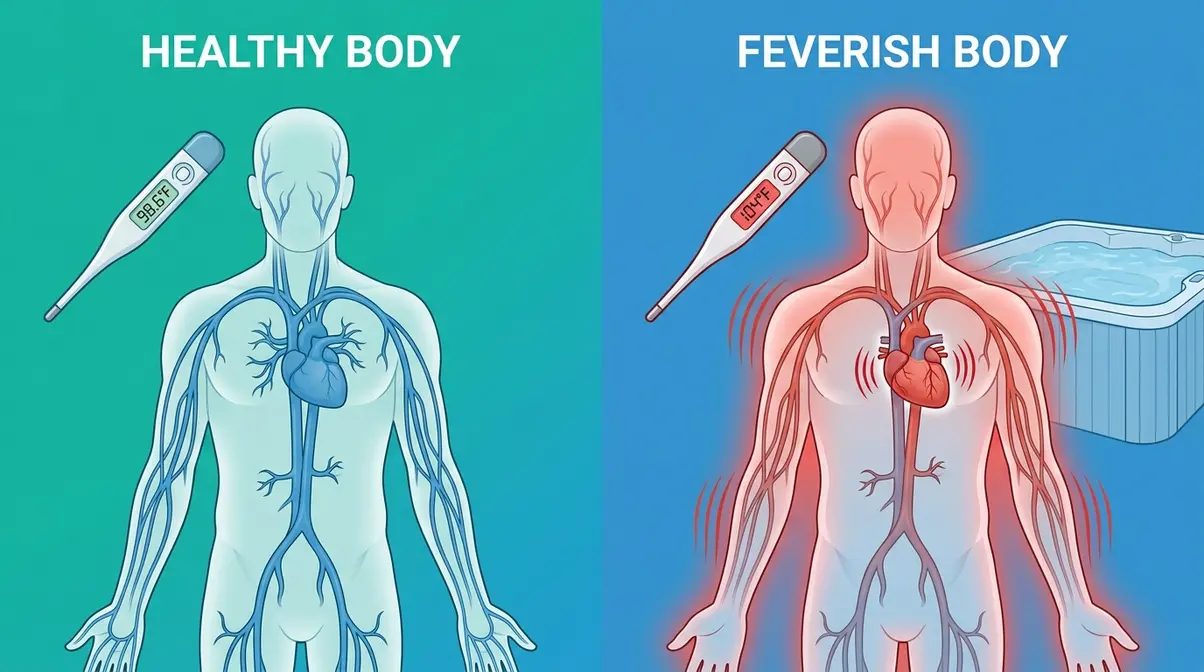 Can You Go in a Hot Tub with a Fever? Safety Guide 1 Medical illustration showing how fever stresses the body before hot tub heat is added, raising hyperthermia risk