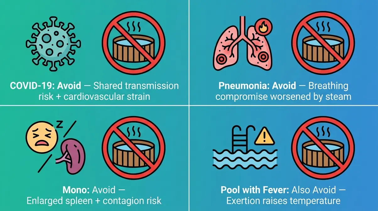 Can You Go in a Hot Tub with a Fever? Safety Guide 6 Four-panel illustration showing hot tub risks with COVID-19, pneumonia, mono, and pool use during fever