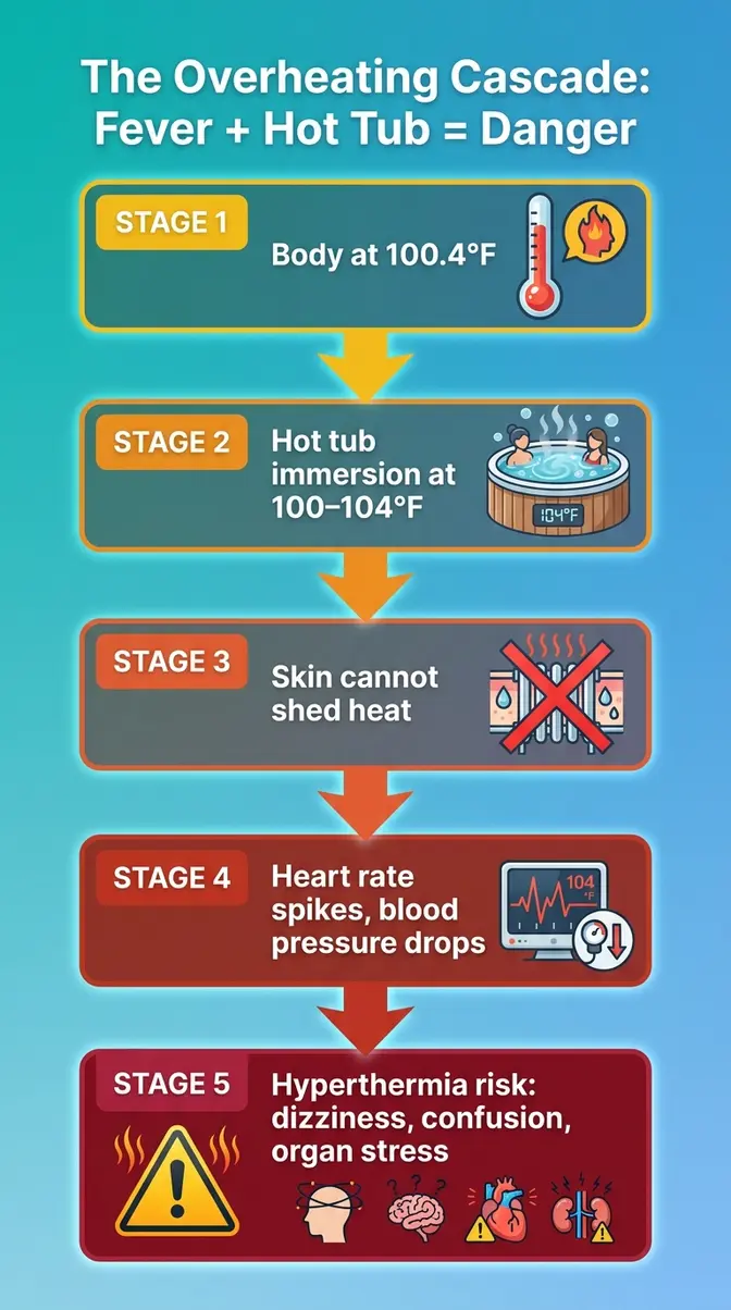 Can You Go in a Hot Tub with a Fever? Safety Guide 2 Step-by-step diagram showing how fever plus hot tub heat triggers the overheating cascade toward hyperthermia