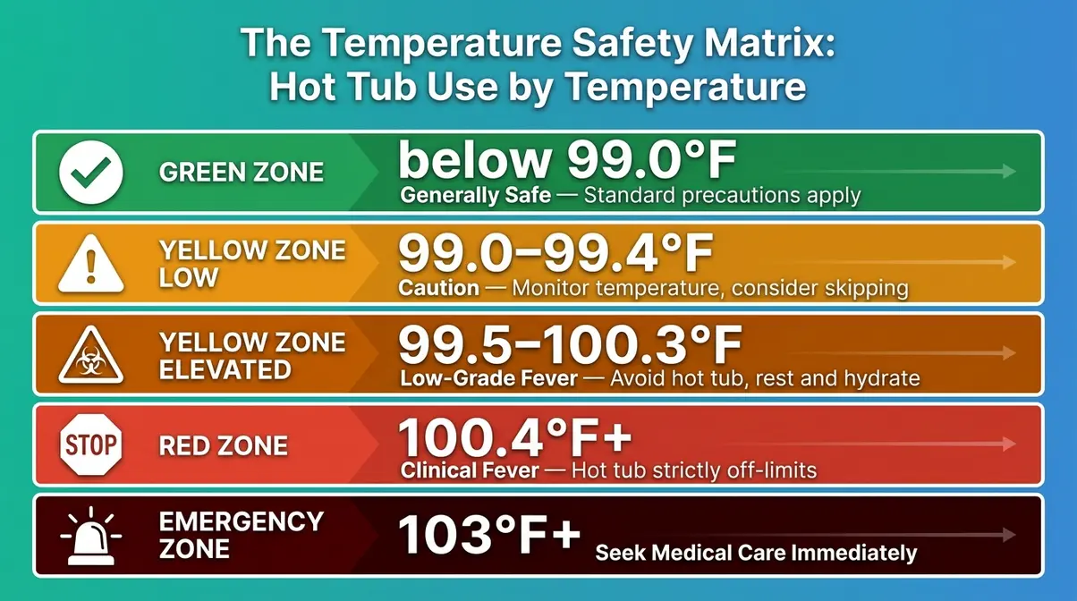 Can You Go in a Hot Tub with a Fever? Safety Guide 5 Temperature Safety Matrix infographic showing green, yellow, and red hot tub safety zones by fever level