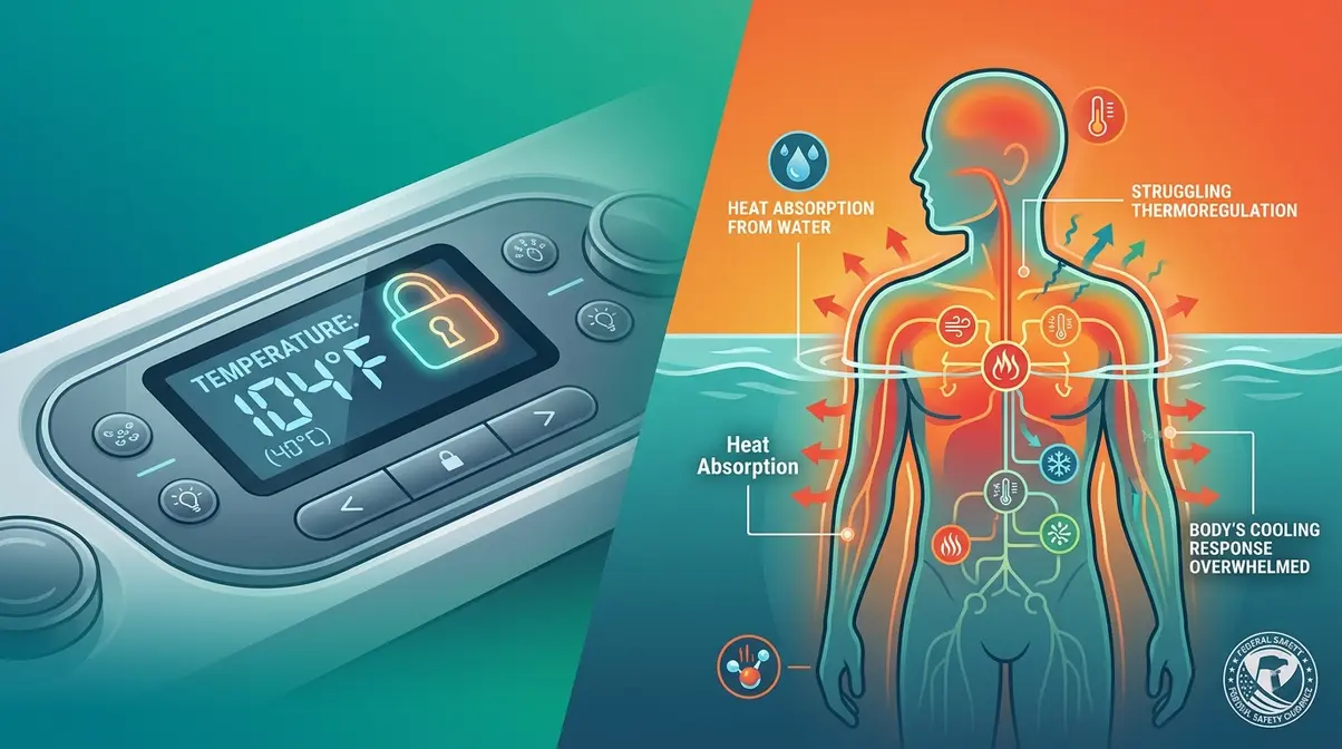 Can You Make a Hot Tub Hotter Than 104°F? Full Guide 1 Hot tub control panel locked at 104°F showing the CPSC safety standard temperature limit