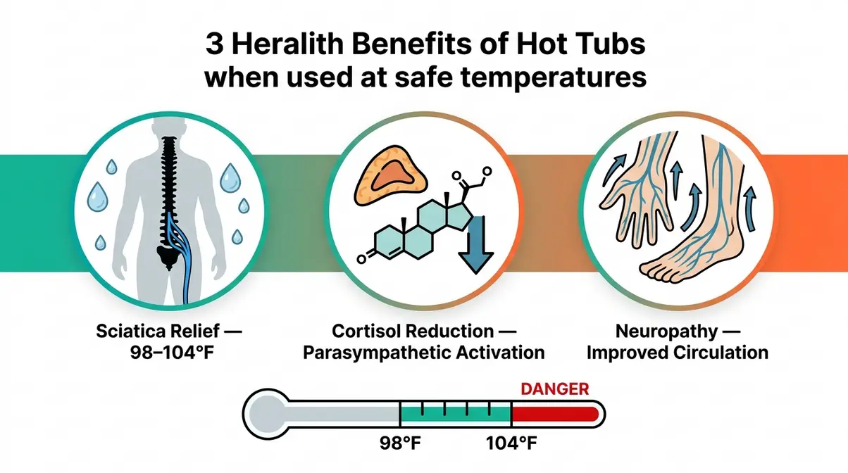Can You Make a Hot Tub Hotter Than 104°F? Full Guide 5 Medical illustration showing hot tub health benefits for sciatica, cortisol reduction, and neuropathy at safe temperatures