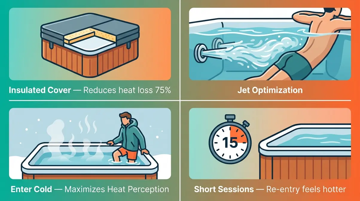 Can You Make a Hot Tub Hotter Than 104°F? Full Guide 4 Four-panel illustration showing hot tub heat retention tips including cover insulation, jet placement, and cold entry