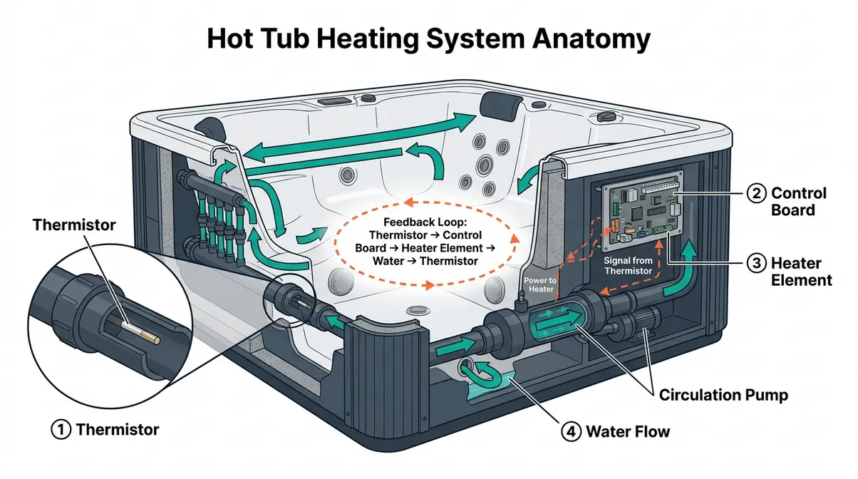 Can You Make a Hot Tub Hotter Than 104°F? Full Guide 6 Technical diagram of hot tub heating system showing thermistor, control board, heater element, and feedback loop