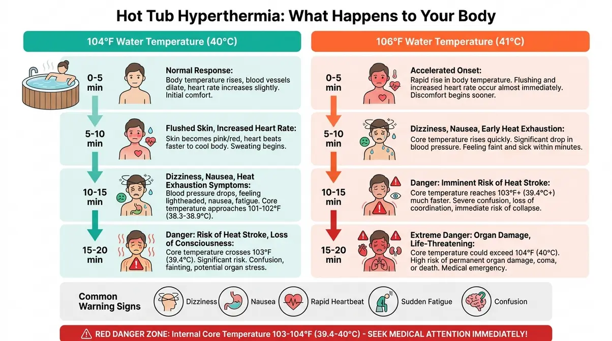Can You Make a Hot Tub Hotter Than 104°F? Full Guide 2 Infographic comparing hot tub hyperthermia timeline at 104°F versus 106°F water temperature over 20 minutes